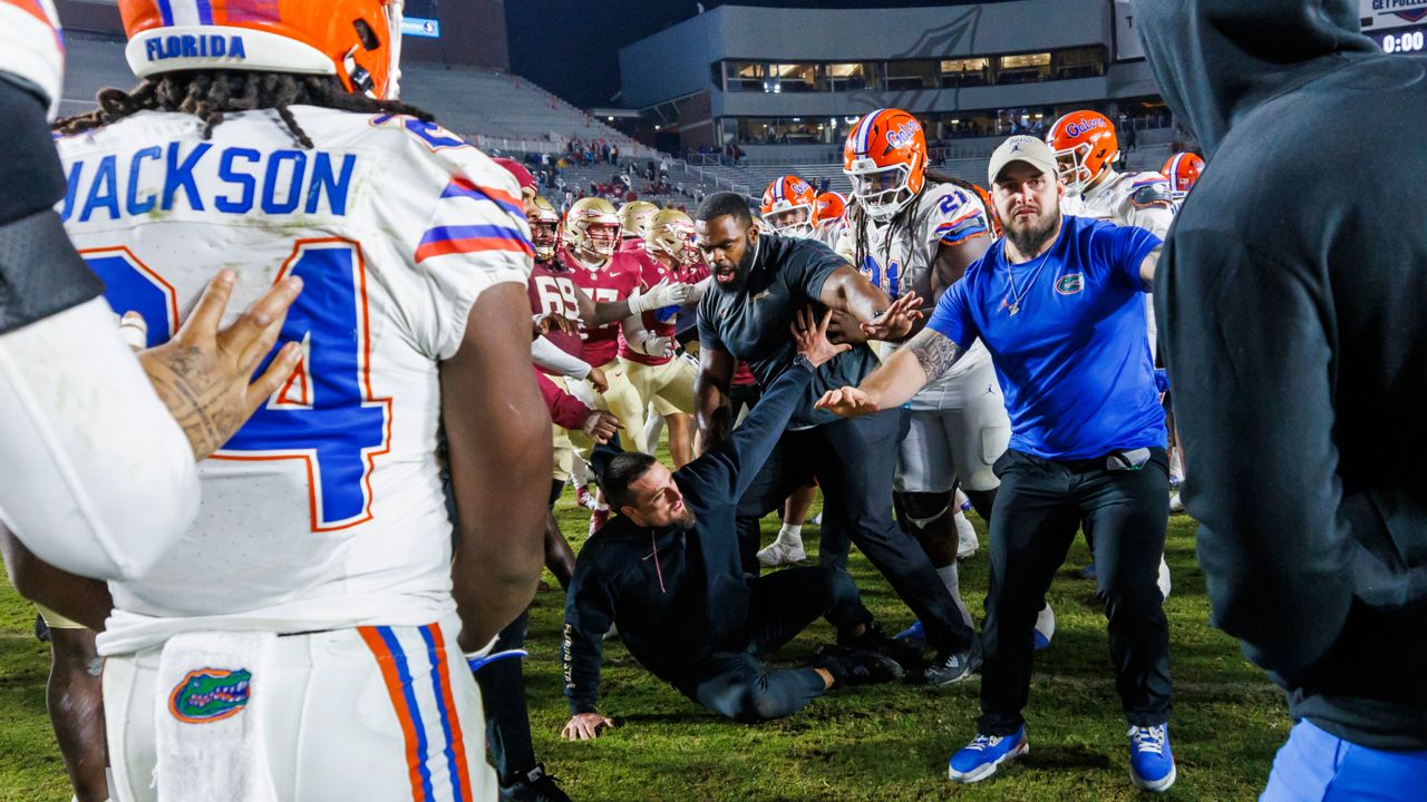 Florida State and Florida players scuffle at midfield after an NCAA college football game Saturday, Nov. 30, 2024, in Tallahassee, Fla. 