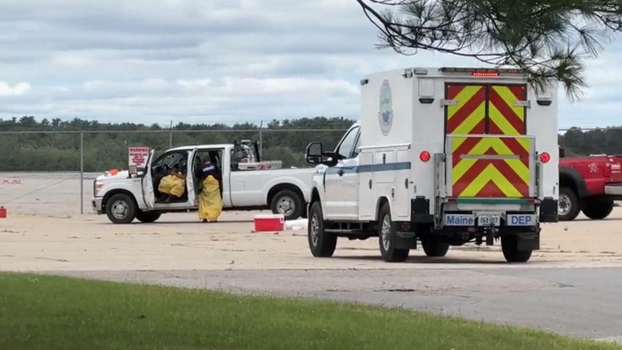 The Maine Department of Environmental Protection responds to a firefighting foam spill in Brunswick last week. A public forum is set for Thursday in Brunswick regarding the Aug. 19 incident. (Spectrum News/Matthew Jaroncyk)