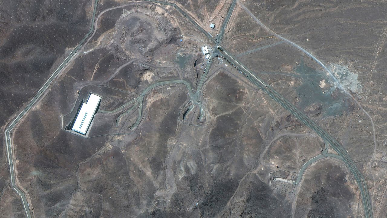 This satellite image provided by Maxar Technologies shows vehicles at Fordo enrichment facility in Iran on Thursday, June 19, 2025. (Maxar Technologies via AP)