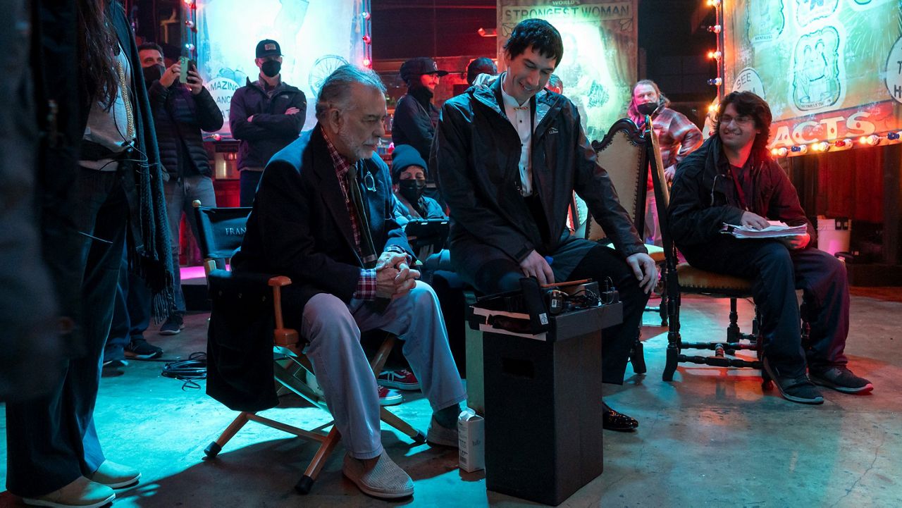 Writer/Director Francis Ford Coppola and Adam Driver as Cesar Catilina in "Megalopolis." (Photo Credit: Phil Caruso)