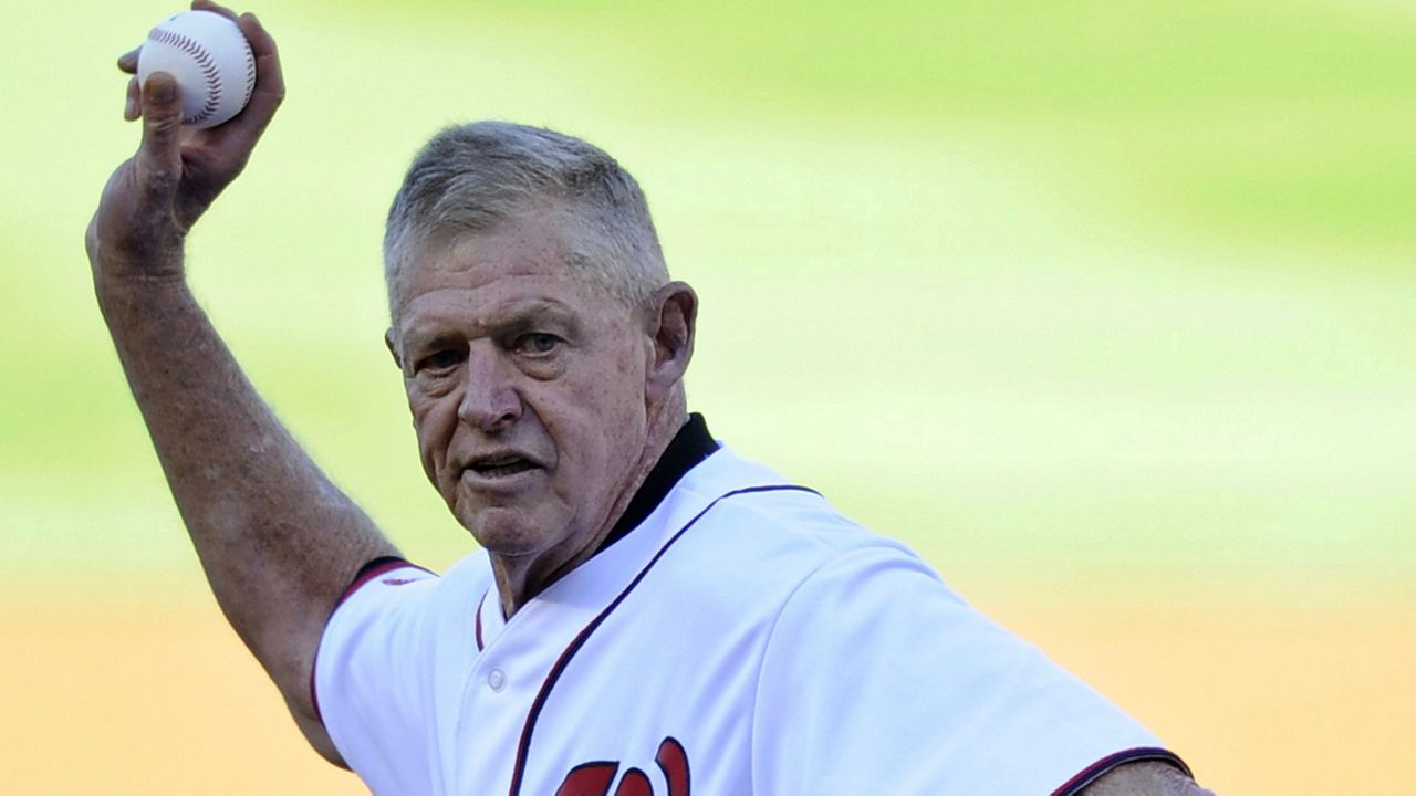 Frank Howard, a former member of the Washington Senators, throws out the ceremonial first pitch before Game 4 of the National League division baseball series between the Washington Nationals and the St. Louis Cardinals on Thursday, Oct. 11, 2012, in Washington. (AP Photo/Nick Wass)