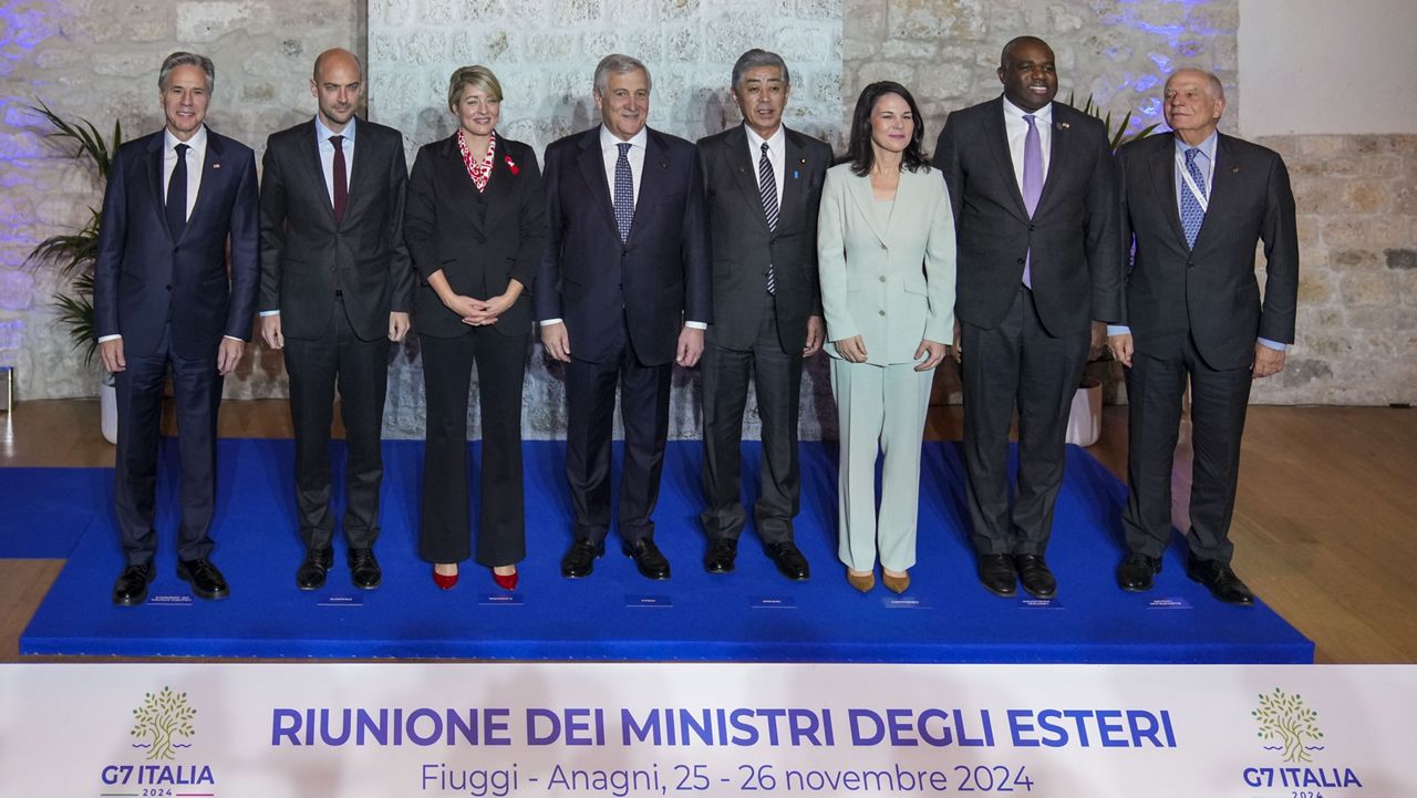 U.S. Secretary of State Antony Blinken, left, and other foreign ministers pose for a family photo at the G7 of foreign Ministers in Fiuggi Italy, Monday, Nov. 25, 2024. (AP Photo/Alessandra Tarantino)