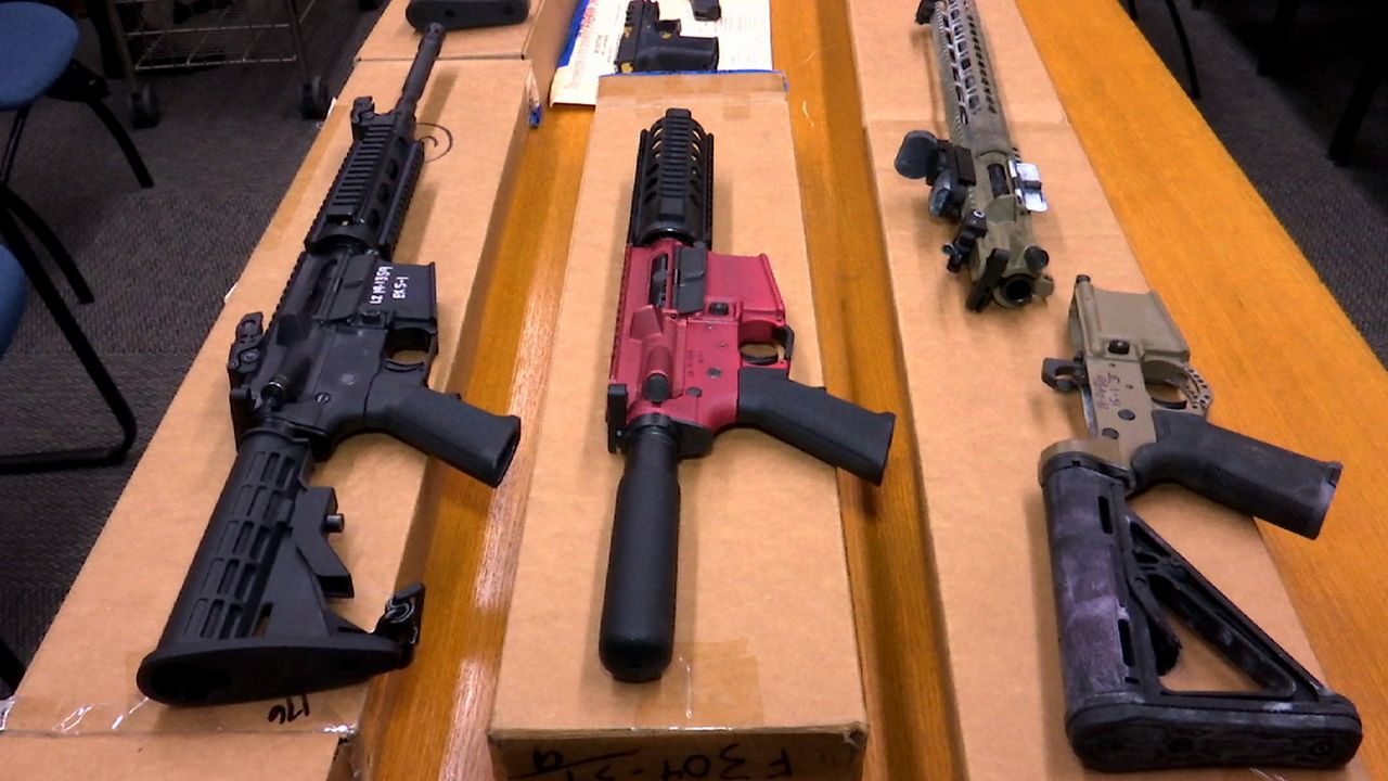 "Ghost guns" are displayed at the headquarters of the San Francisco Police Department in San Francisco, on Nov. 27, 2019. (AP Photo/Haven Daley, File)