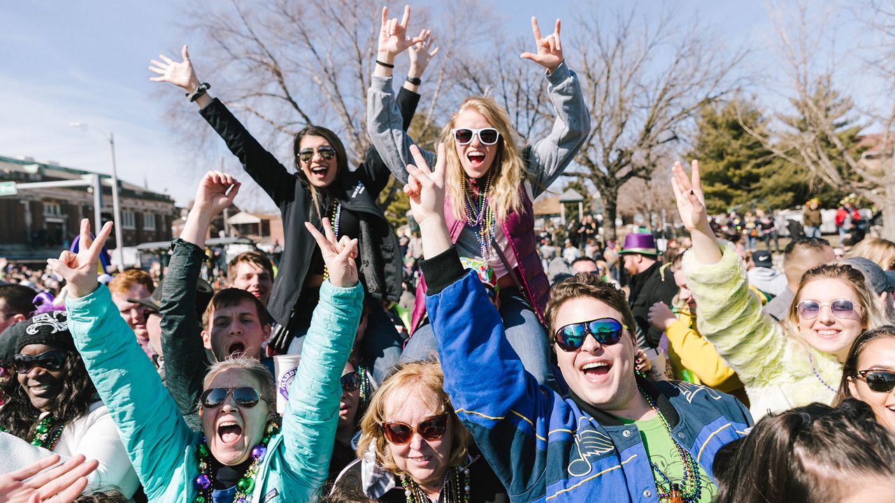 People cheer during the Bud Light Grand Parade in celebration of Mardi Gras.