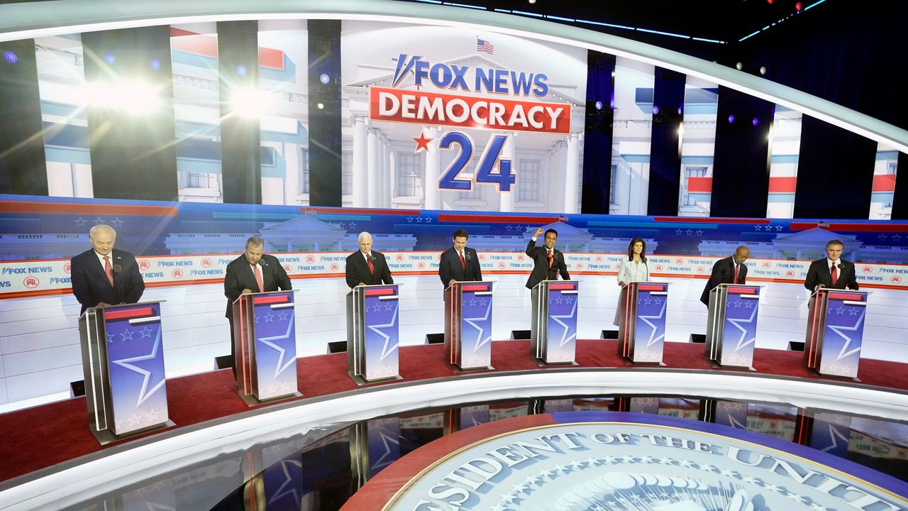 Republican presidential candidates stand on stage before a Republican presidential primary debate hosted by FOX News Channel Wednesday, Aug. 23, 2023, in Milwaukee. (AP Photo/Morry Gash, File)