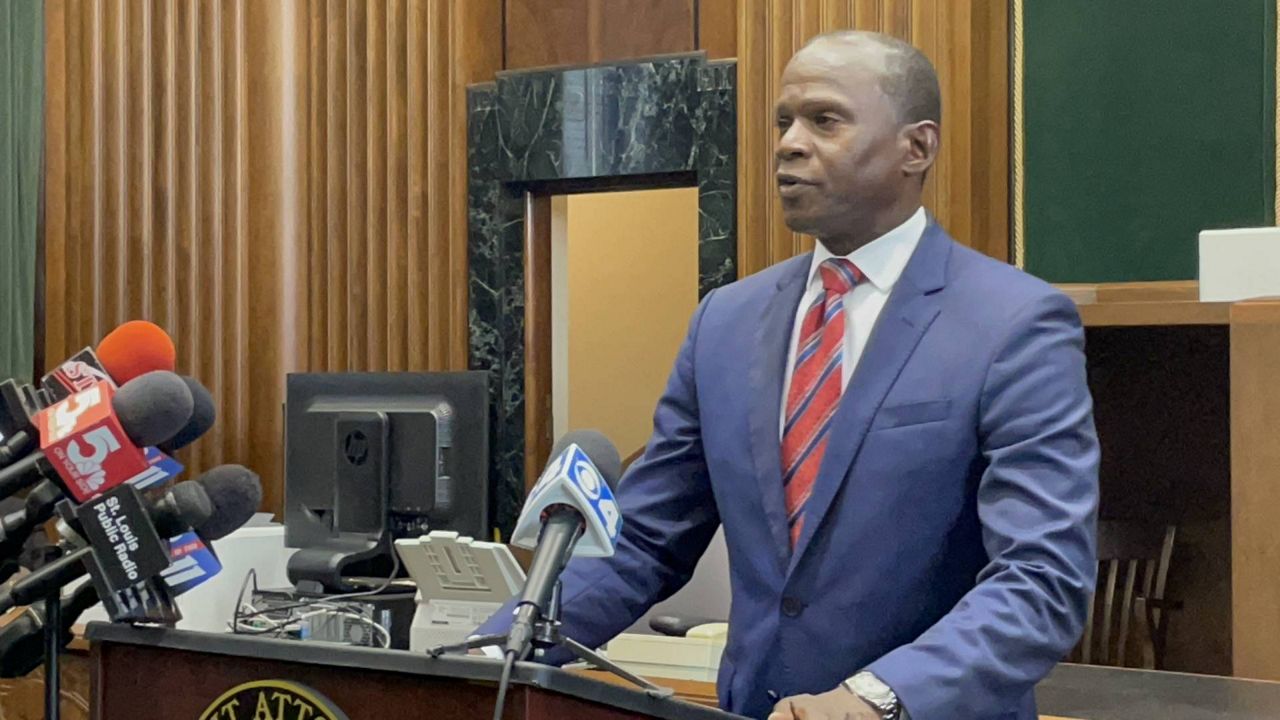 St. Louis Circuit Attorney Gabe Gore talks to reporters at the Carnahan Courthouse in St. Louis on July 19, 2023. He was sworn in at the end of May. (Spectrum News/Gregg Palermo)