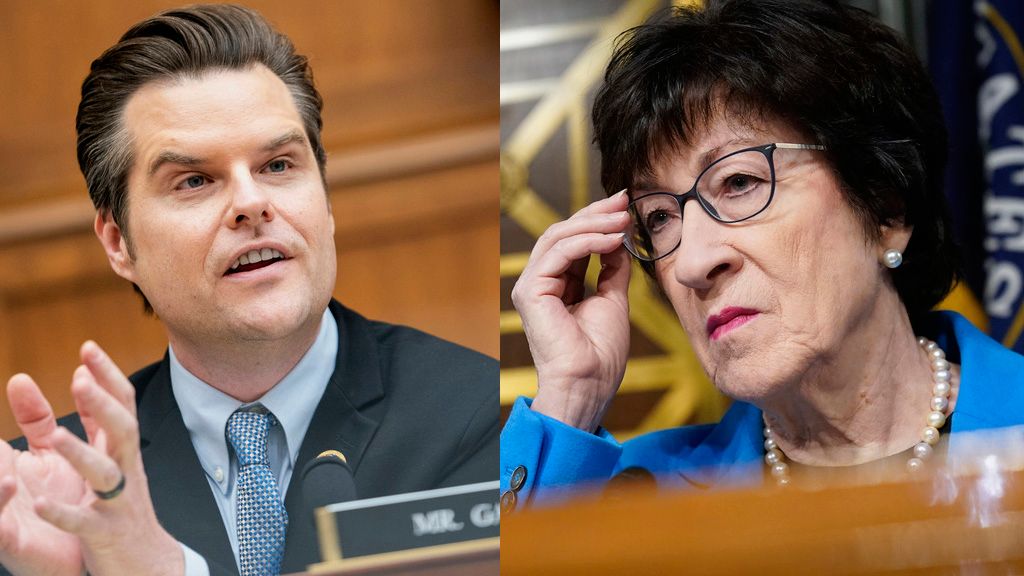 Left: Rep. Matt Gaetz, R-Fla. Right: Sen. Susan Collins, R-Maine. (AP file photos)