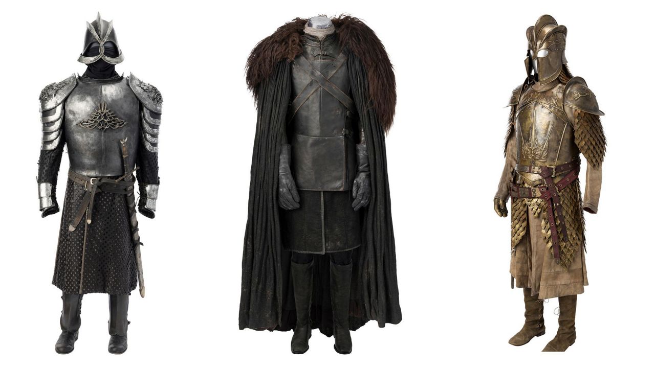 This combination of images released by Heritage Auctions shows costumes worn by characters from "Game of Thrones," from left, armor worn by Gregor "The Mountain" Clegane, Jon Snow's Night's Watch ensemble, and Jaime Lannister's full Kingsguard armor. (Heritage Auctions via AP)