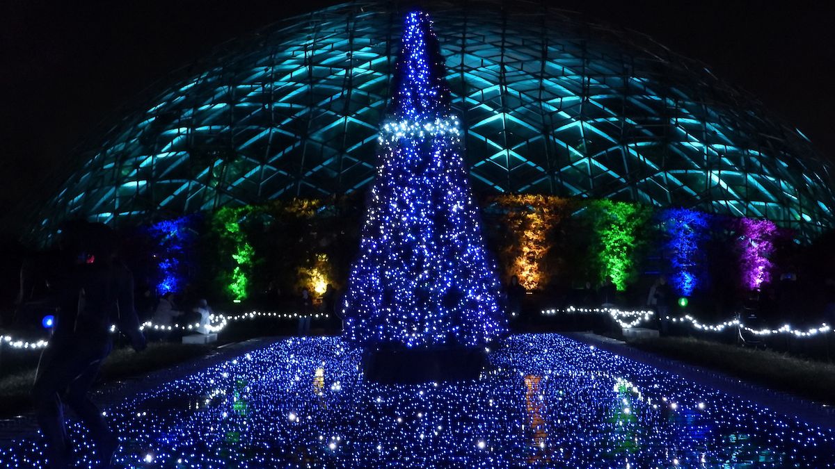 Pictured is a fire and light display on the Central Axis looking towards the Illumitron during the MoBOT's Garden Glow. (Photo courtesy of the Missouri Botanical Garden)