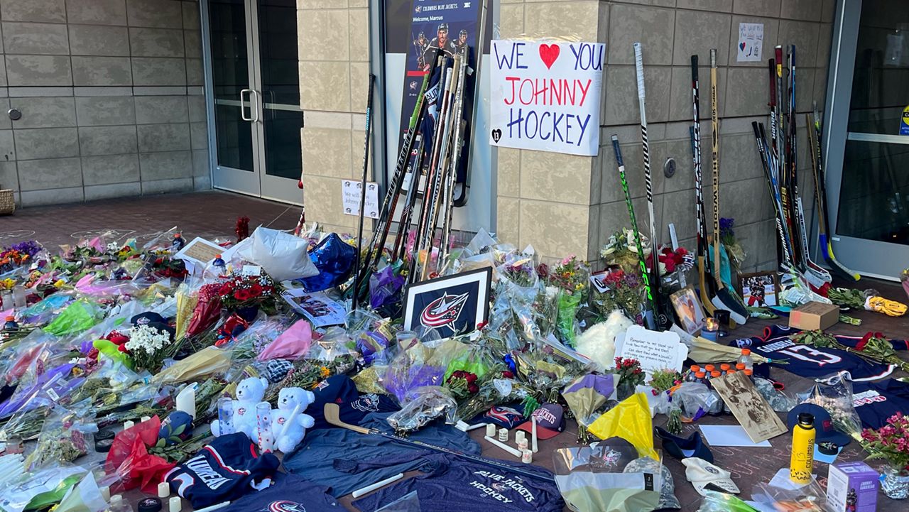 Memorial outside of Nationwide Arena for Johnny and Matthew Gaudreau (Courtesy: Nathan Sharman/Spectrum News 1).