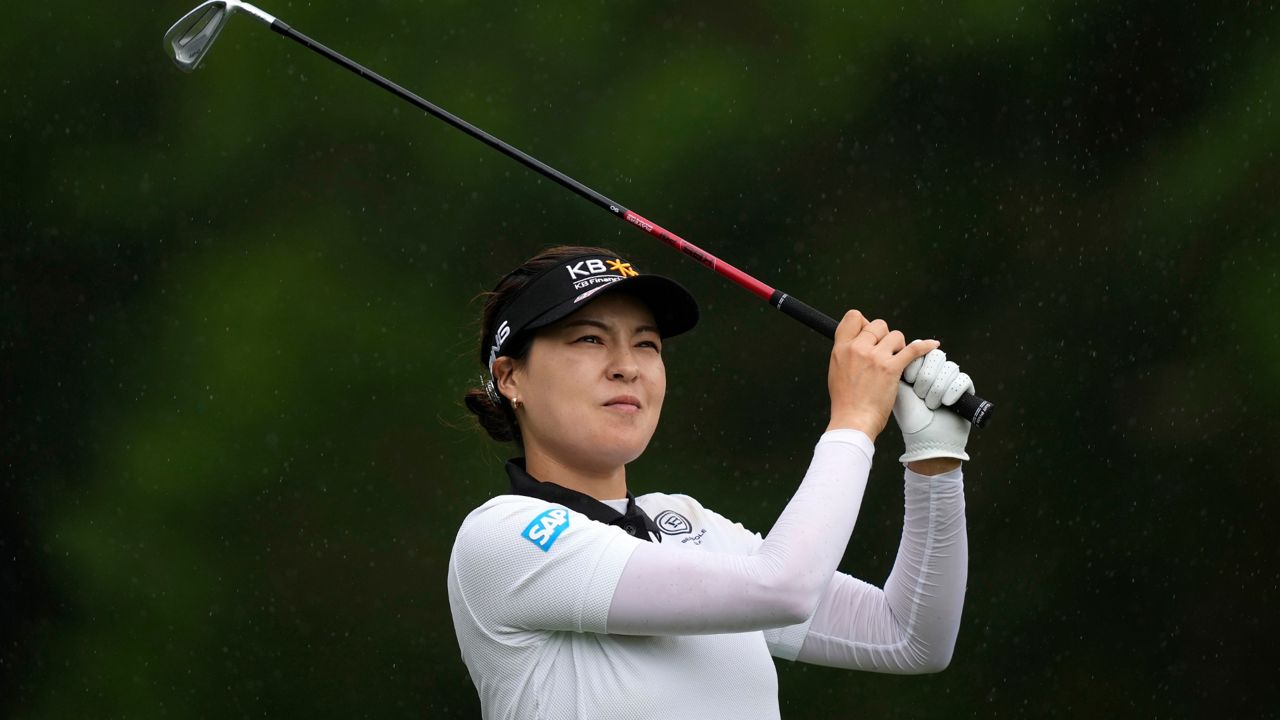 In Gee Chun watches her tee shot on the 17th hole during the first round of The Chevron Championship golf tournament Thursday, April 20, 2023, in The Woodlands, Texas. (AP Photo/David J. Phillip)