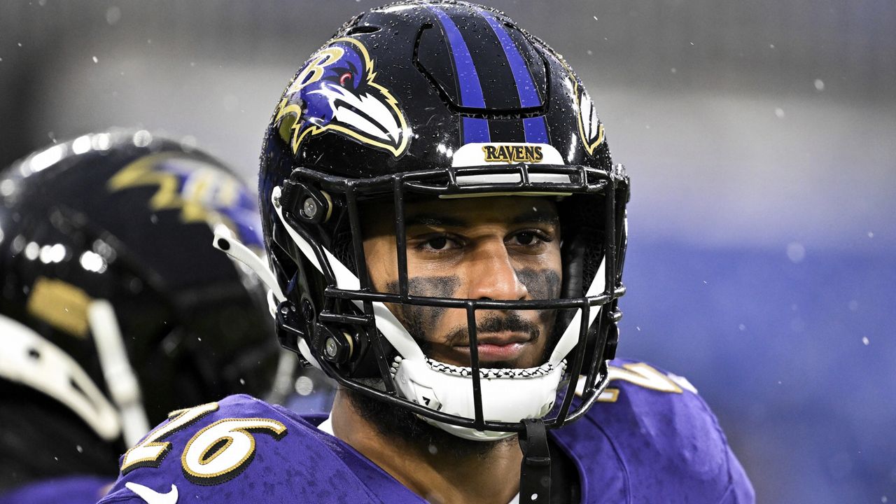 Baltimore Ravens safety Geno Stone looks on during warmups before an NFL football game against the Pittsburgh Steelers, Jan. 6, 2024, in Baltimore. The Cincinnati Bengals and Stone have agreed on a two-year, $15 million deal, a person familiar with the contract told The Associated Press, Monday, March 11, 2024. The person spoke to The Associated Press on condition of anonymity because free agents cannot sign with new teams until Wednesday. (AP Photo/Terrance Williams)