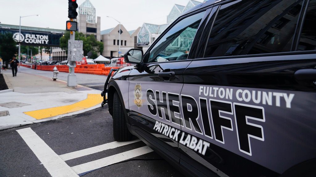 Barricades are seen near the Fulton County courthouse, Monday, Aug. 7, 2023, in Atlanta. (AP Photo/Brynn Anderson)