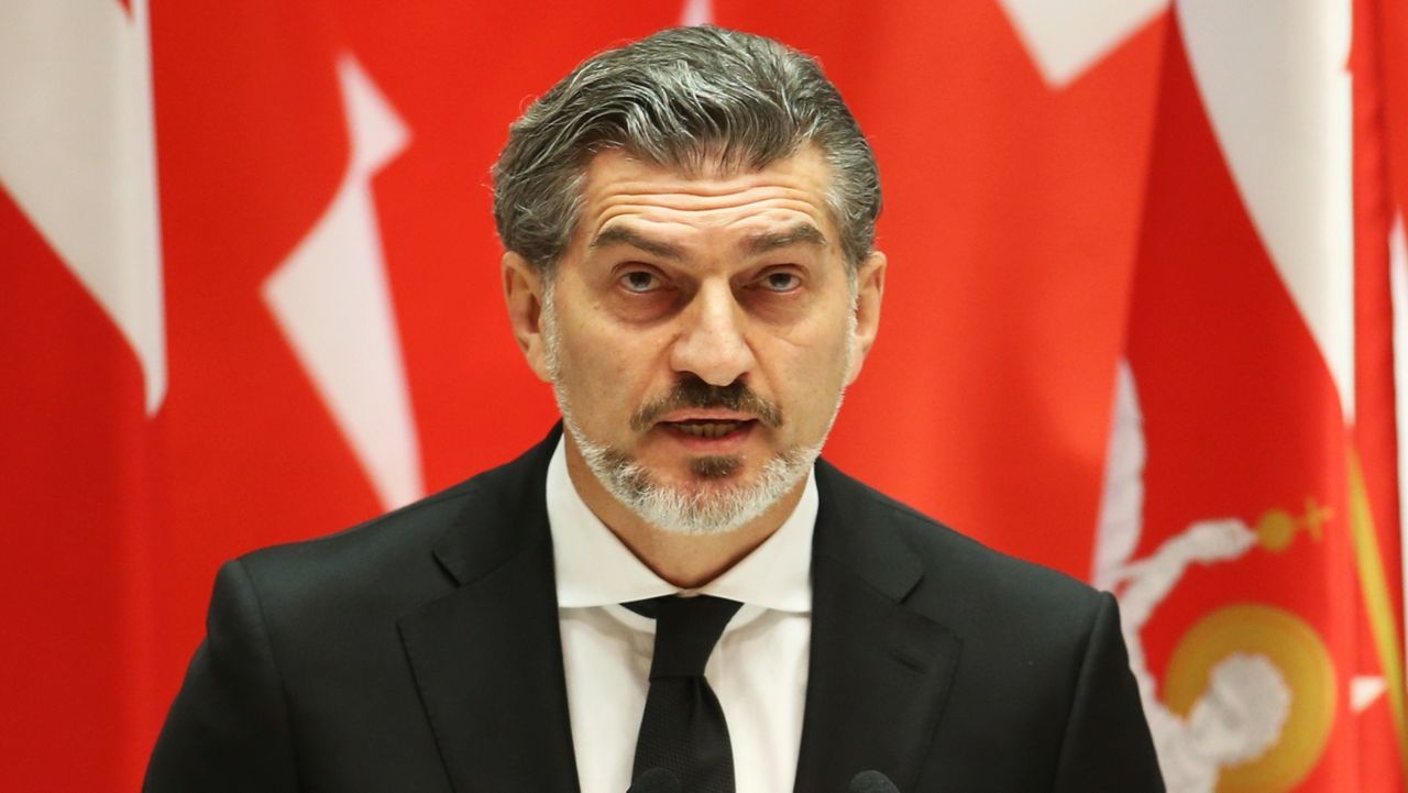 Georgian President-elect Mikheil Kavelashvili speaks at his swearing-in ceremony at the Georgian Parliament in Tbilisi, Georgia, Sunday, Dec. 29, 2024. (Irakli Gedenidze/Pool Photo via AP)