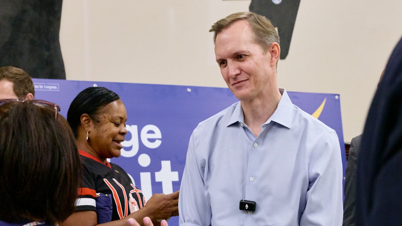 George Whitesides, the Democrat running against Republican Rep. Mike Garcia, at a campaign event on Sunday, Oct. 13, 2024 in Palmdale, CA. (Marcus Ubungen / Los Angeles Times via Getty Images)