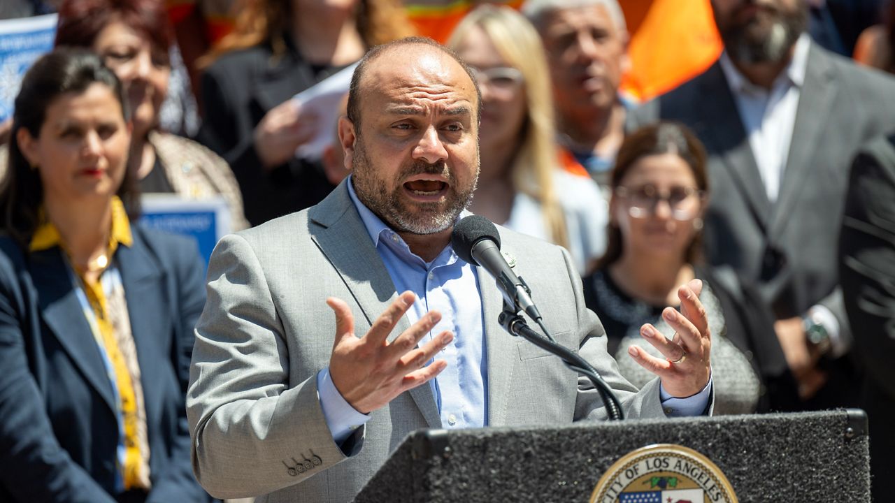 Councilmember Adrin Nazarian speaks during a rally outside Los Angeles City Hall after the council voted on a motion to keep more film and television production in the city, on April 29, 2025. (Photo by Hans Gutknecht/MediaNews Group/Los Angeles Daily News via Getty Images)
