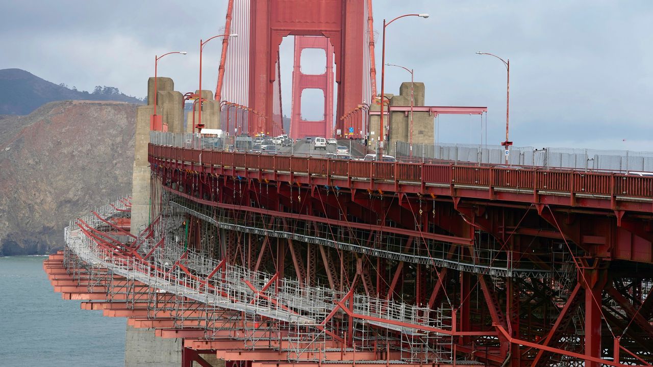 A suicide deterrent net is seen under construction on the Golden Gate Bridge in San Francisco, Wednesday, Dec. 6, 2023. The barrier at the bridge is near completion more than a decade after officials approved it. (AP Photo/Eric Risberg)