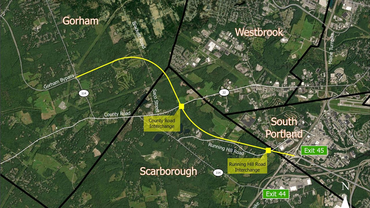This map indicates where the Maine Turnpike Authority anticipates its new connector road with Gorham will be built. The connector has been in the works for at least the past 10 years. (Maine Turnpike Authority)