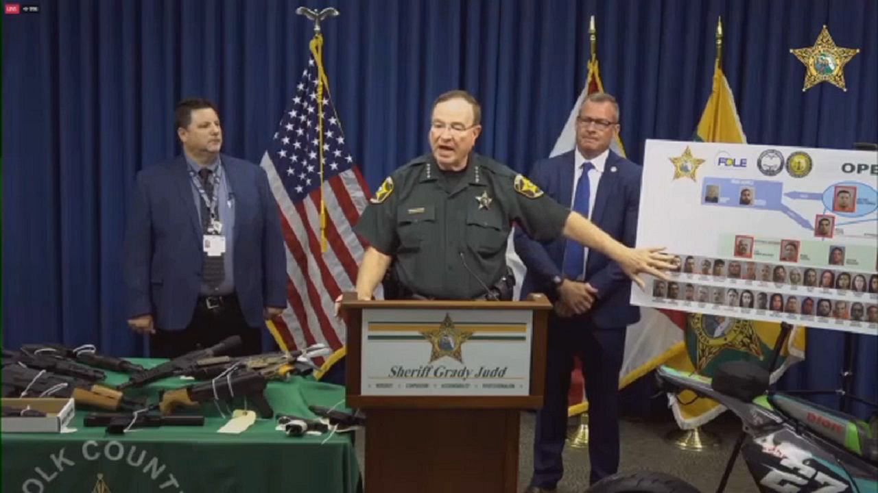 Polk County Sheriff Grady Judd during Friday's news conference detailing the arrests of 64 people in a Lakeland-based fentanyl trafficking organization. (Spectrum News image)