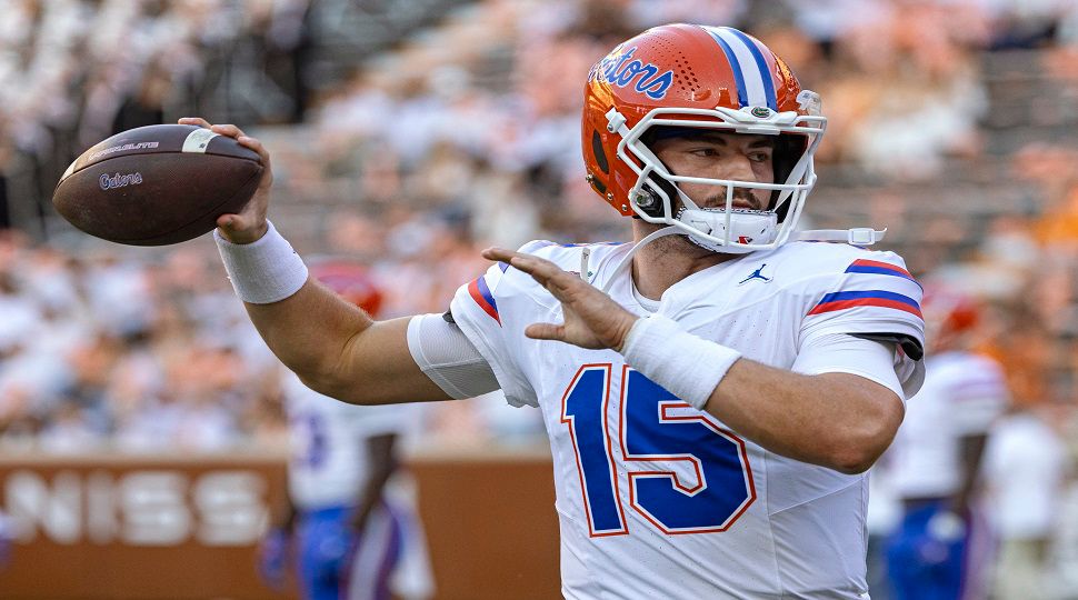 Florida quarterback Graham Mertz (15) throws to a receiver before an NCAA college football game against Tennessee, Saturday, Oct. 12, 2024, in Knoxville, Tenn. (AP Photo/Wade Payne)