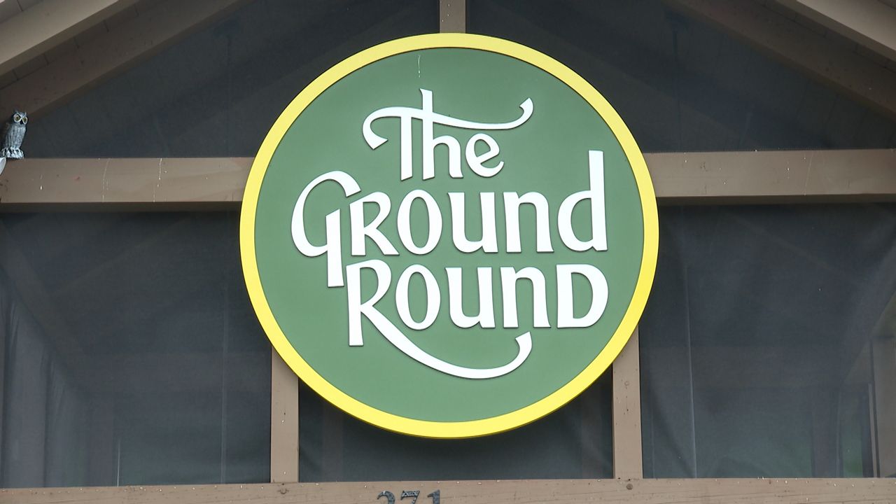 The sign above the front door of The Ground Round in Shrewsbury, MA. (Spectrum News 1/Dan Reidy)
