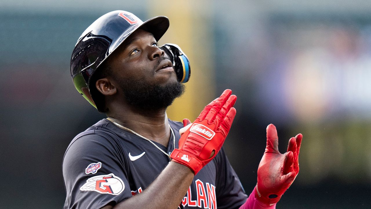 Cleveland Guardians' Jhonkensy Noel celebrates his home run against the Baltimore Orioles during the second inning of a baseball game Wednesday, June 26, 2024, in Baltimore. (AP Photo/Stephanie Scarbrough)