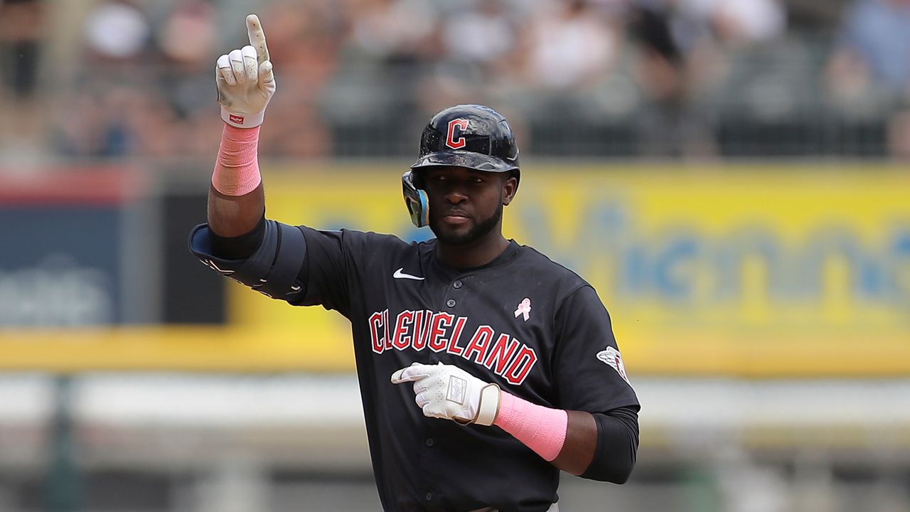 Cleveland Guardians' Estevan Floria reacts after hitting an RBI double during the sixth inning of a baseball game against the Chicago White Sox, Sunday, May 12, 2024, in Chicago. (AP Photo/Melissa Tamez)