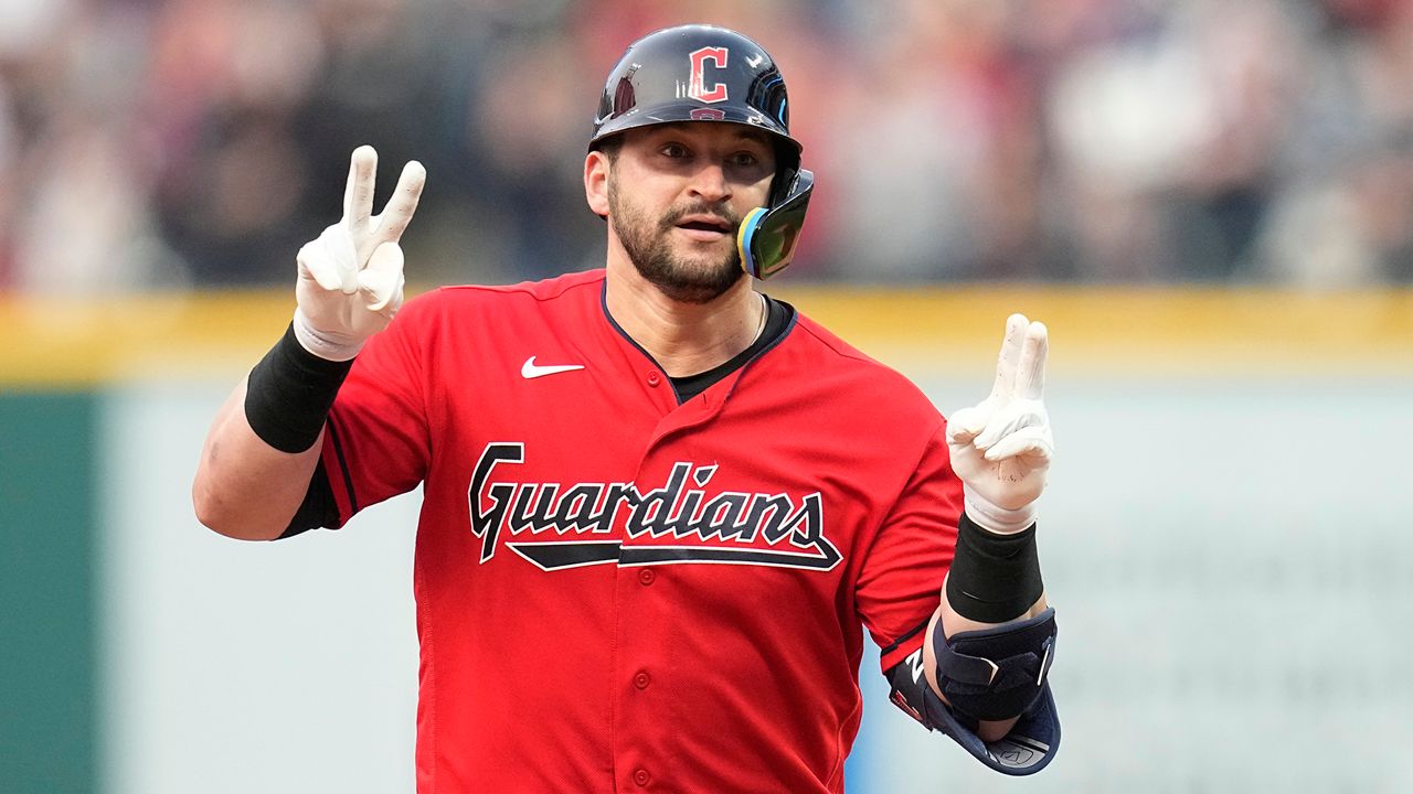 Cleveland Guardians' Mike Zunino gestures as he runs the bases after hitting a home run in the seventh inning of a baseball game against the Chicago White Sox, Monday, May 22, 2023, in Cleveland.