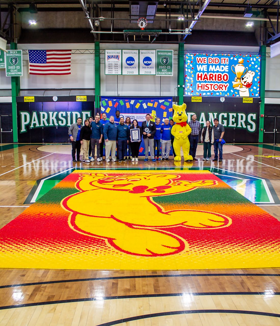 HARIBO team poses with the Goldbear mosaic after breaking the Guinness World Record. (HARIBO/Joe Spencer)