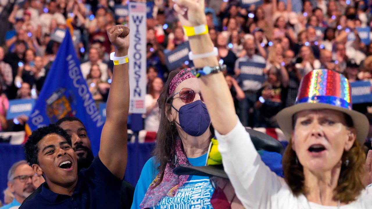 Supporters cheer as Democratic presidential nominee Vice President Kamala Harris speaks at the Fiserv Forum during a campaign rally in Milwaukee, Tuesday, Aug. 20, 2024. (AP Photo/Jacquelyn Martin)