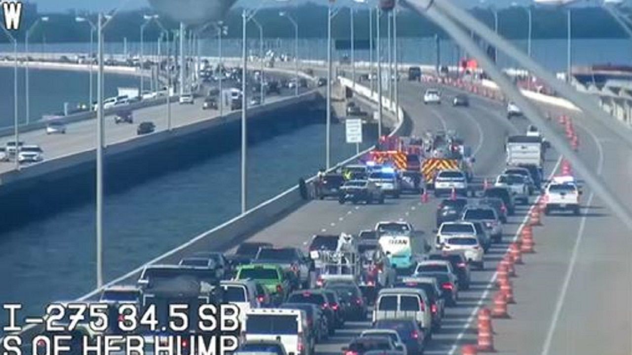 According to the Florida Highway Patrol, the series of events leading to a crash happened just before 9:30 a.m. when a sedan driven by a 35-year-old Tampa man stopped in the southbound lanes (into Pinellas) of the bridge. (FDOT)