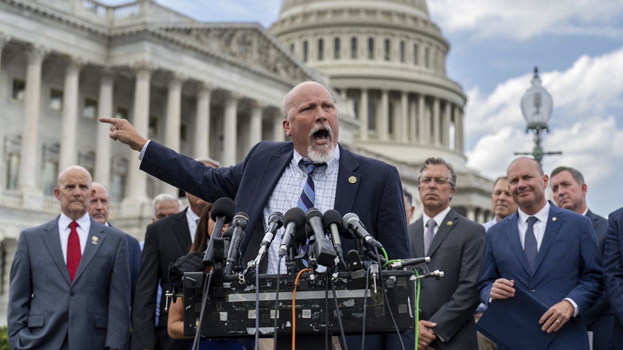 Rep. Chip Roy, R-Texas, and members of the conservative House Freedom Caucus hold a news event outside the Capitol in Washington, Tuesday, Sept. 12, 2023, as Congress faces a deadline to fund the government by the end of the month, or risk a potentially devastating federal shutdown. House Speaker Kevin McCarthy needs to guide the House to fund the government and avoid a shutdown, but he faces challenges from the hard-right Republicans in the House Freedom Caucus who reject the deal he struck over the summer with President Biden on spending levels. (AP Photo/J. Scott Applewhite)