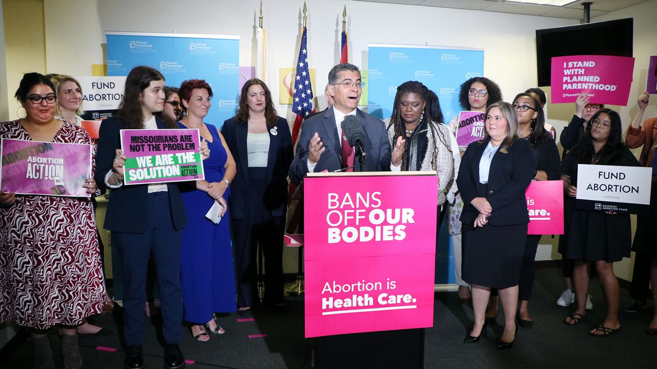 U.S. Department of Health and Human Services (HHS) Secretary Xavier Becerra speaks how abortion bans are causing what he said is a public health crisis nationwide and how the Biden-Harris administration has been working to protect and expand access to reproductive health care at a press conference Friday, June 23, at Planned Parenthood Central West End Health Center. (Spectrum News/Elizabeth Barmeier)