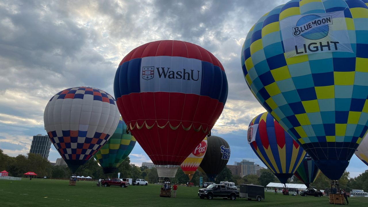 Hot air balloons in a group in Forest Park in St. Louis, Mo.