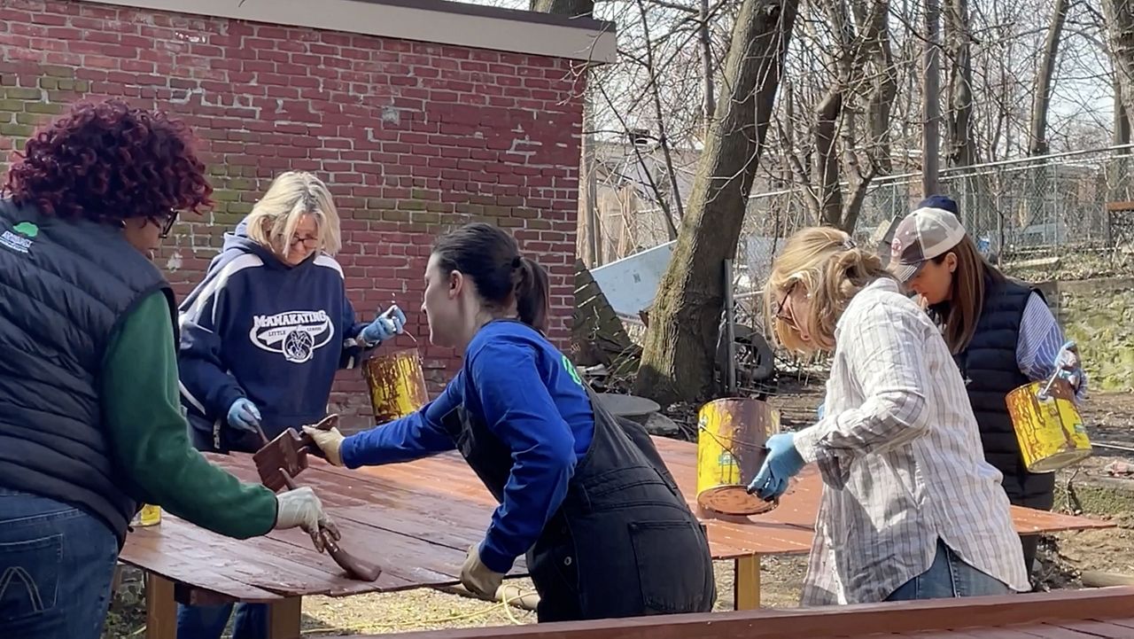 Women painting fence