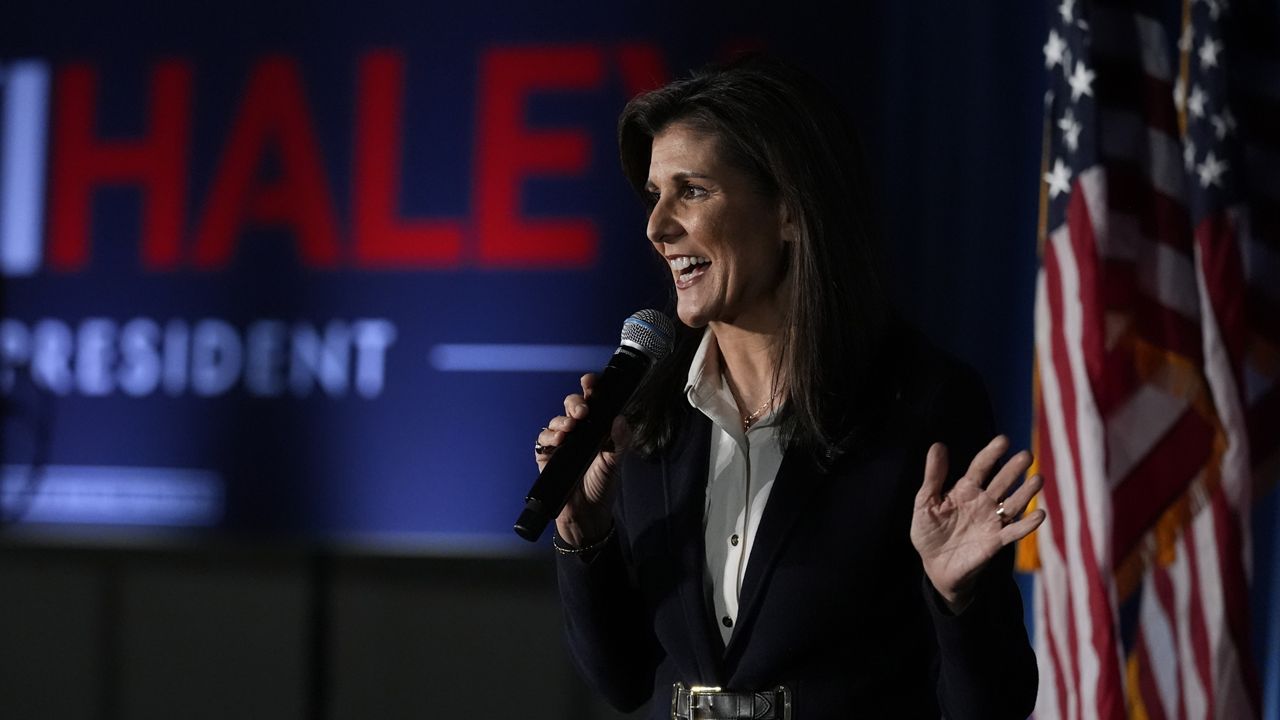 Republican presidential candidate former UN Ambassador Nikki Haley during a campaign rally, Friday, Jan. 19, 2024, in Manchester, N.H. (AP Photo/Charles Krupa)
