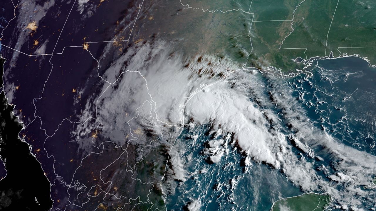A satellite image of Tropical Storm Harold as it made landfall on Tuesday. (NOAA)