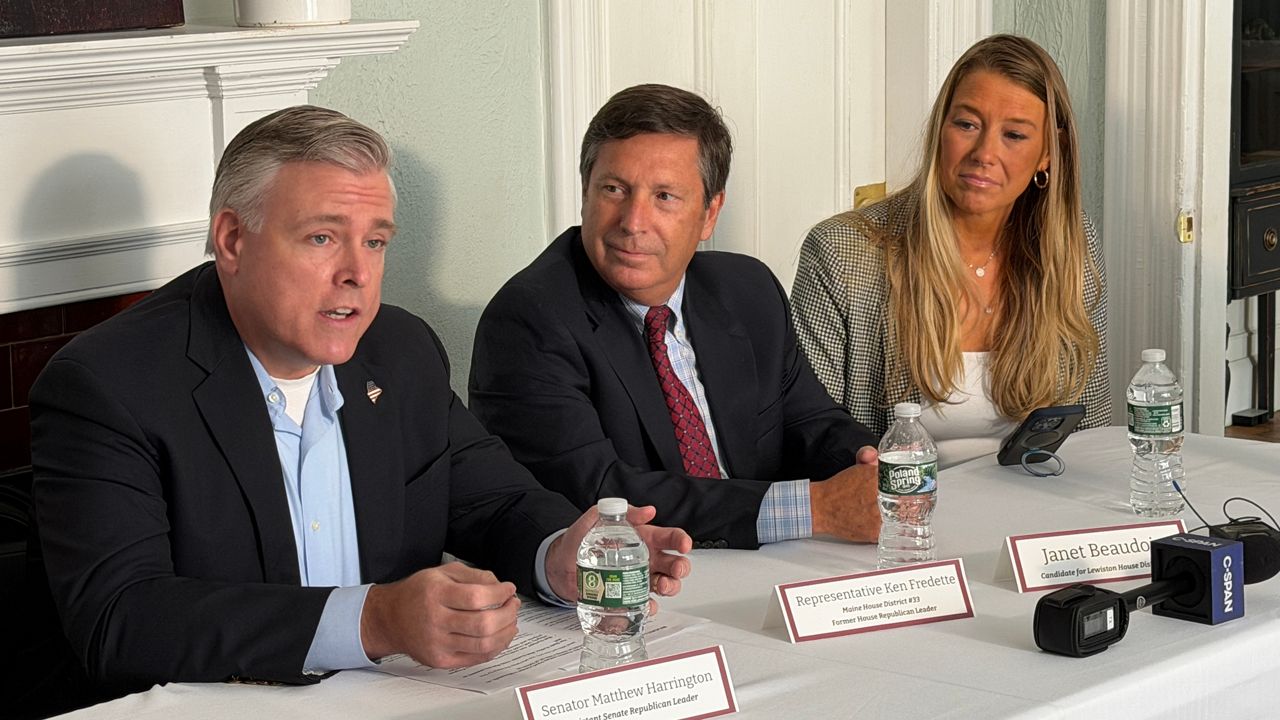 Sen. Matt Harrington (R-Sanford), Rep. Ken Fredette (R-Newport) and House candidate Janet Beaudoin of Lewiston participate in the discussion. (Spectrum News/Susan Cover)