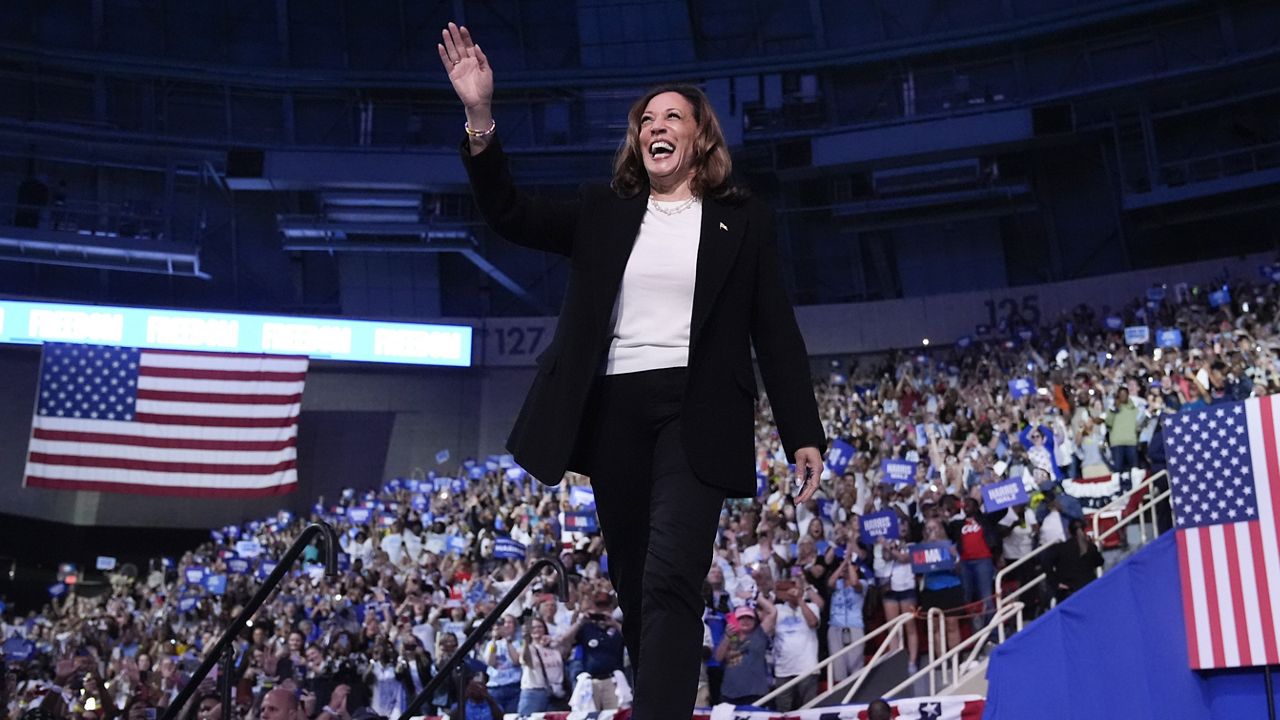 Democratic presidential nominee Vice President Kamala Harris arrives to speak at a campaign rally at Bojangles Coliseum, in Charlotte, N.C., Thursday, Sept. 12, 2024. (AP Photo/Jacquelyn Martin)