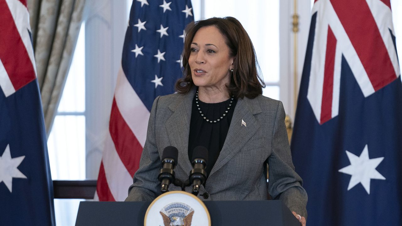 Vice President Kamala Harris, accompanied by Australia's Prime Minister Anthony Albanese and Secretary of State Antony Blinken, speaks during a state luncheon at the State Department in Washington, Thursday, Oct. 26, 2023. (AP Photo/Jose Luis Magana)