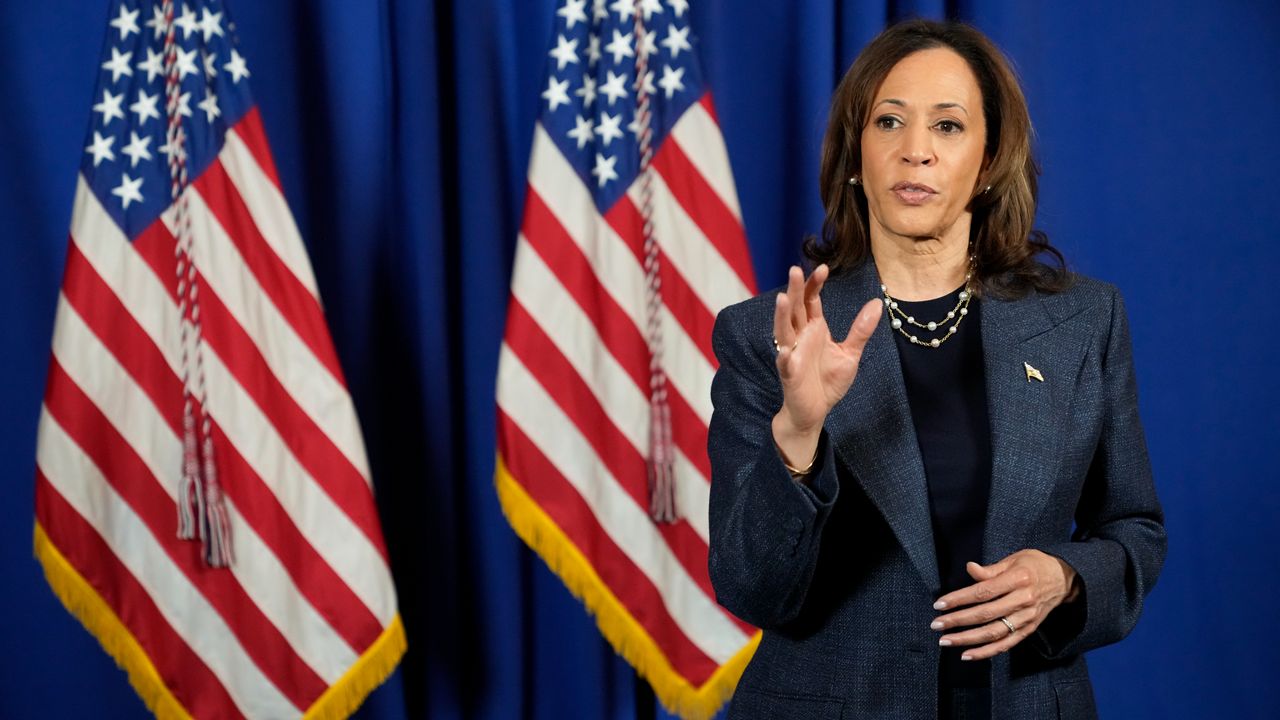 Democratic presidential nominee Vice President Kamala Harris speaks to reporters after delivering remarks at a church service at Greater Emmanuel Institutional Church of God in Christ, Sunday, Nov. 3, 2024, in Detroit. (AP Photo/Jacquelyn Martin)