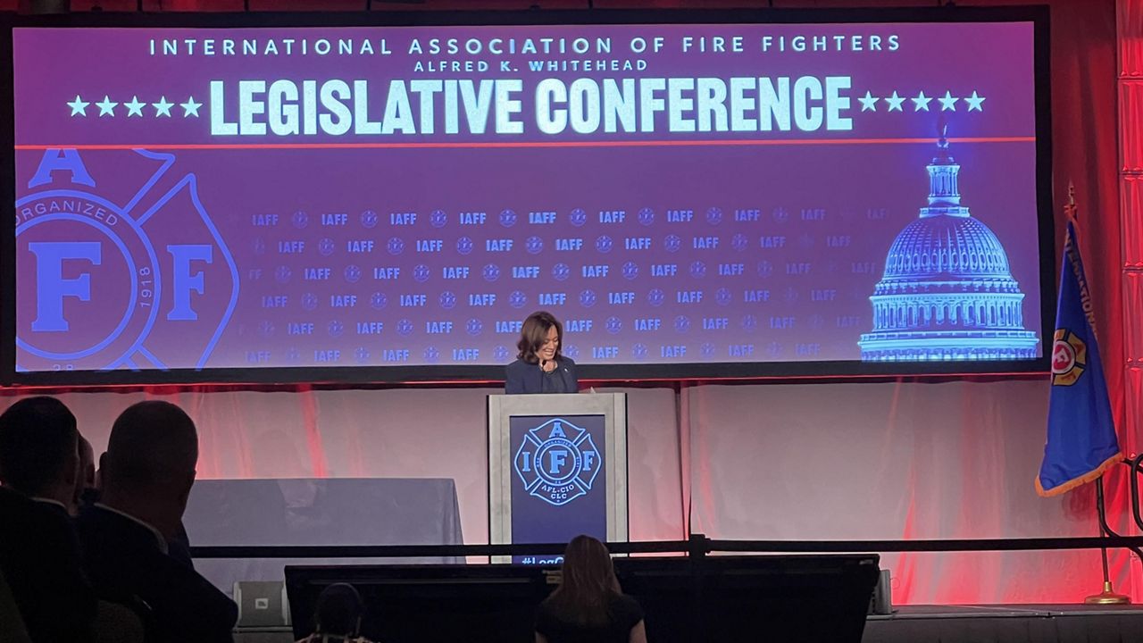 Vice President Kamala Harris delivers remarks at the 2024 International Association of Fire Fighters legislative conference in Washington on Monday, March 4, 2024 (Spectrum News) 