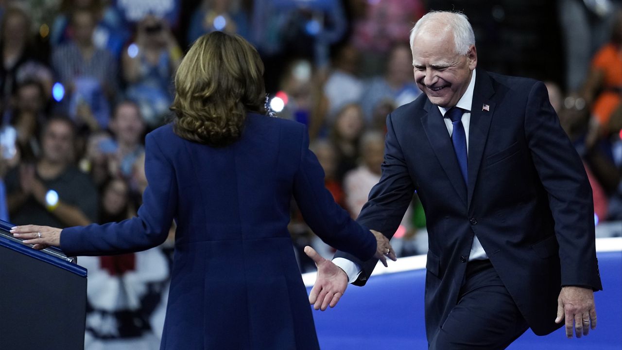 Democratic presidential nominee Vice President Kamala Harris and her running mate Minnesota Gov. Tim Walz speak at a campaign rally in Philadelphia, Tuesday, Aug. 6, 2024. (AP Photo/Matt Rourke)