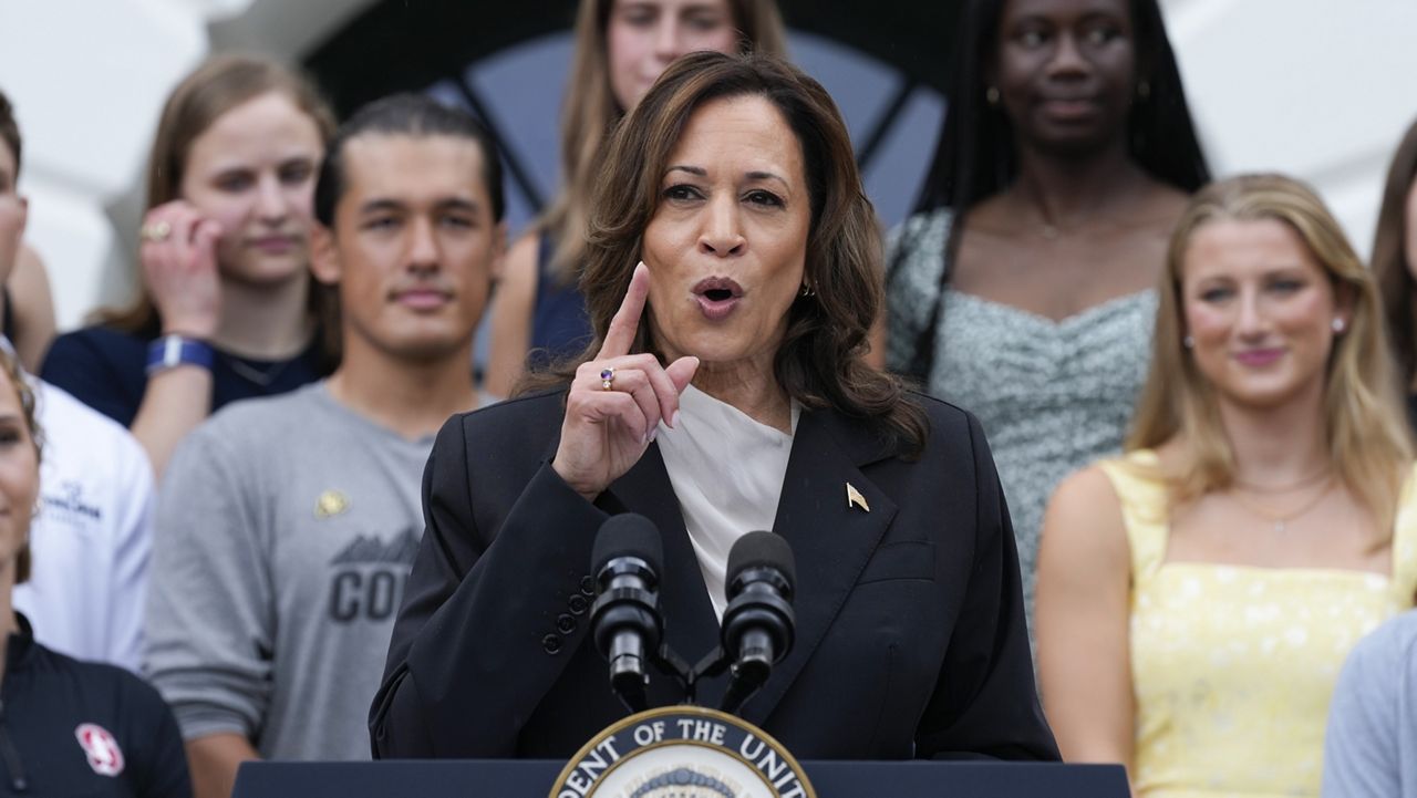 Vice President Kamala Harris speaks from the South Lawn of the White House in Washington, Monday, July 22, 2024, during an event with NCAA college athletes. This is her first public appearance since President Joe Biden endorsed her to be the next presidential nominee of the Democratic Party. (AP Photo/Susan Walsh)