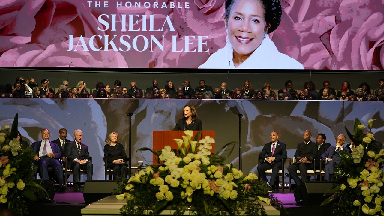 Vice President Kamala Harris delivers a eulogy for U.S. Rep. Sheila Jackson Lee, Thursday, Aug. 1, 2024, in Houston. (AP Photo/LM Otero)