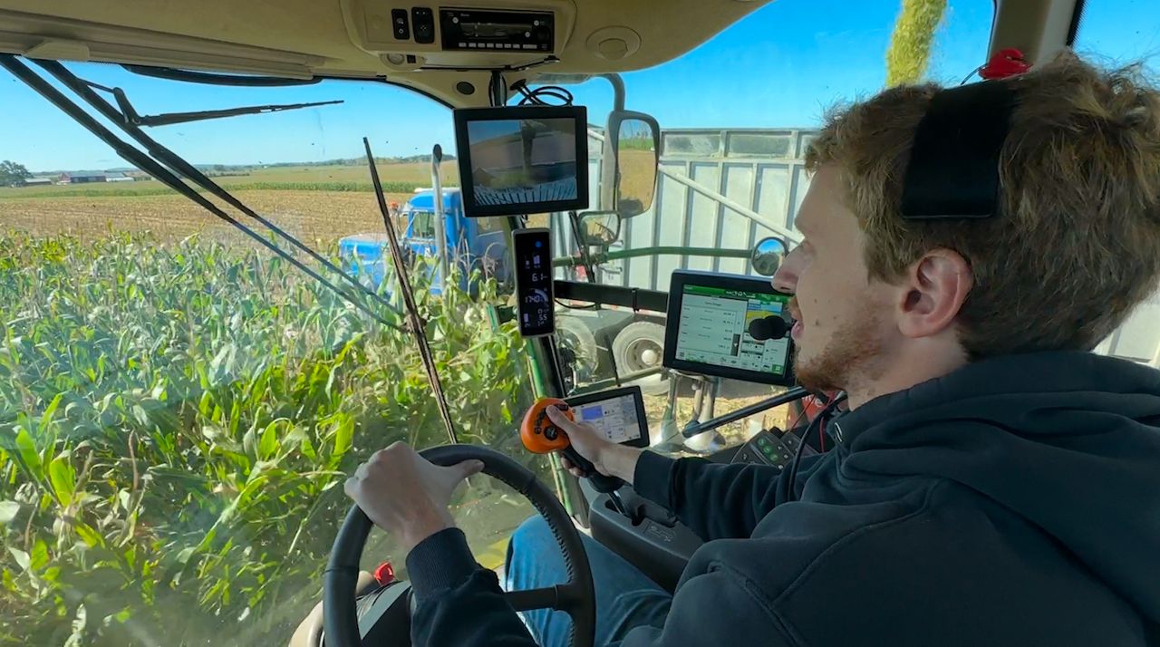 Trent Vanden Boogaard operates a forage harvester in Calumet County, Wisconsin.