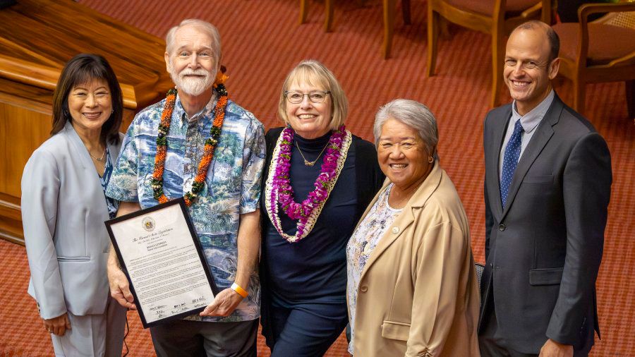 Hawaii's House of Representatives honored Branch Lotspeich and his Rescue Tube Foundation for saving lives. Pictured left to right: House Majority Leader Nadine K. Nakamura, Branch Lotspeich, Melody Lotspeich, Representative Dee Morikawa and Representative Luke A. Evslin. (Photo courtesy of Hawaii House of Respresentatives)