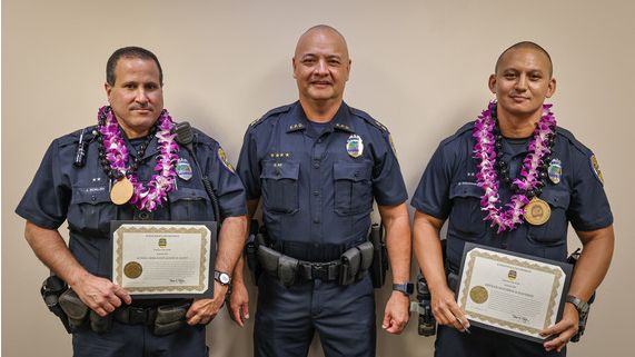 Pictured left to right: Acting Sergeant Jason Scalzo, Assistant Chief Kalani Ke, and Officer Matthew Kaluahine at the September Police Commission meeting. Missing is Officer Jesse Castro. (courtesy Kauai Police Department)