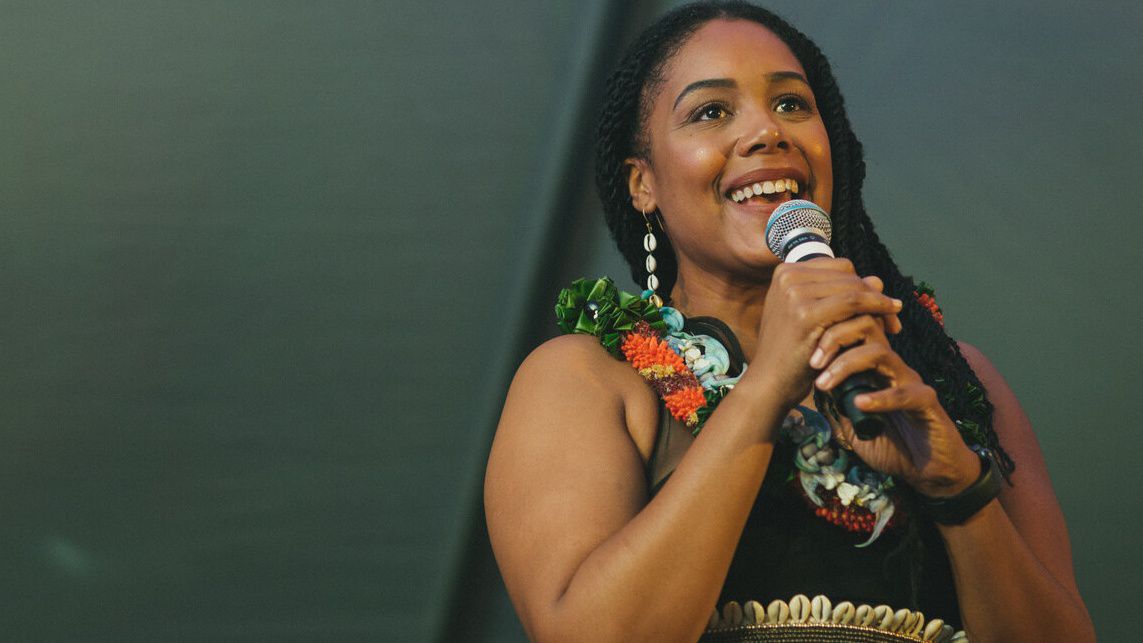 Akiemi Glenn, the founder of the Pōpolo Project, speaks at the Black Futures Ball on Feb. 29, 2020, at the Hawaii State Art Museum. (Photo courtesy the Pōpolo Project)