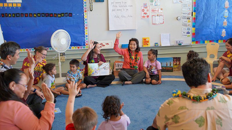 Lt. Gov. Sylvia Luke, Executive Office on Early Learning Director Yuuko Arikawa-Cross and area legislators visited one of two public preschool classrooms in Kaneohe. (Office of the Lieutenant Governor)